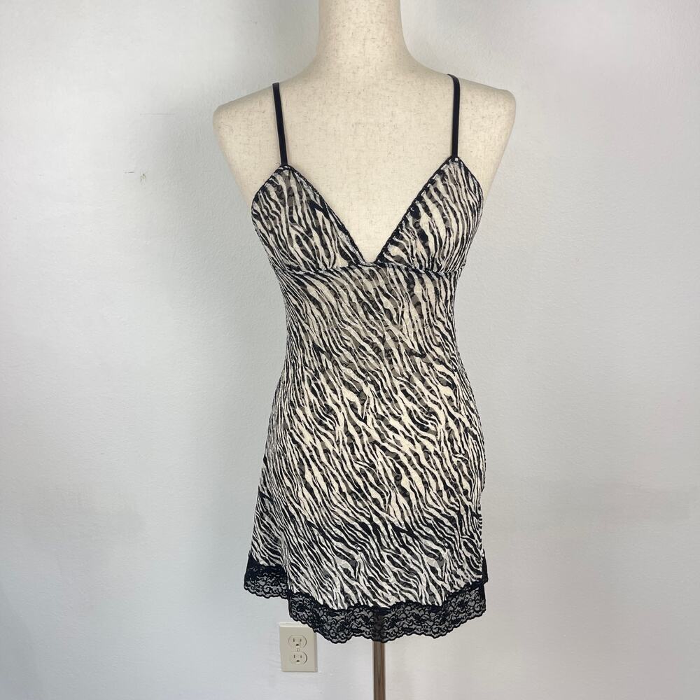 Y2K Victoria's Secret Sheer Lace Black White Zebra Stripe Slip Babydoll Medium